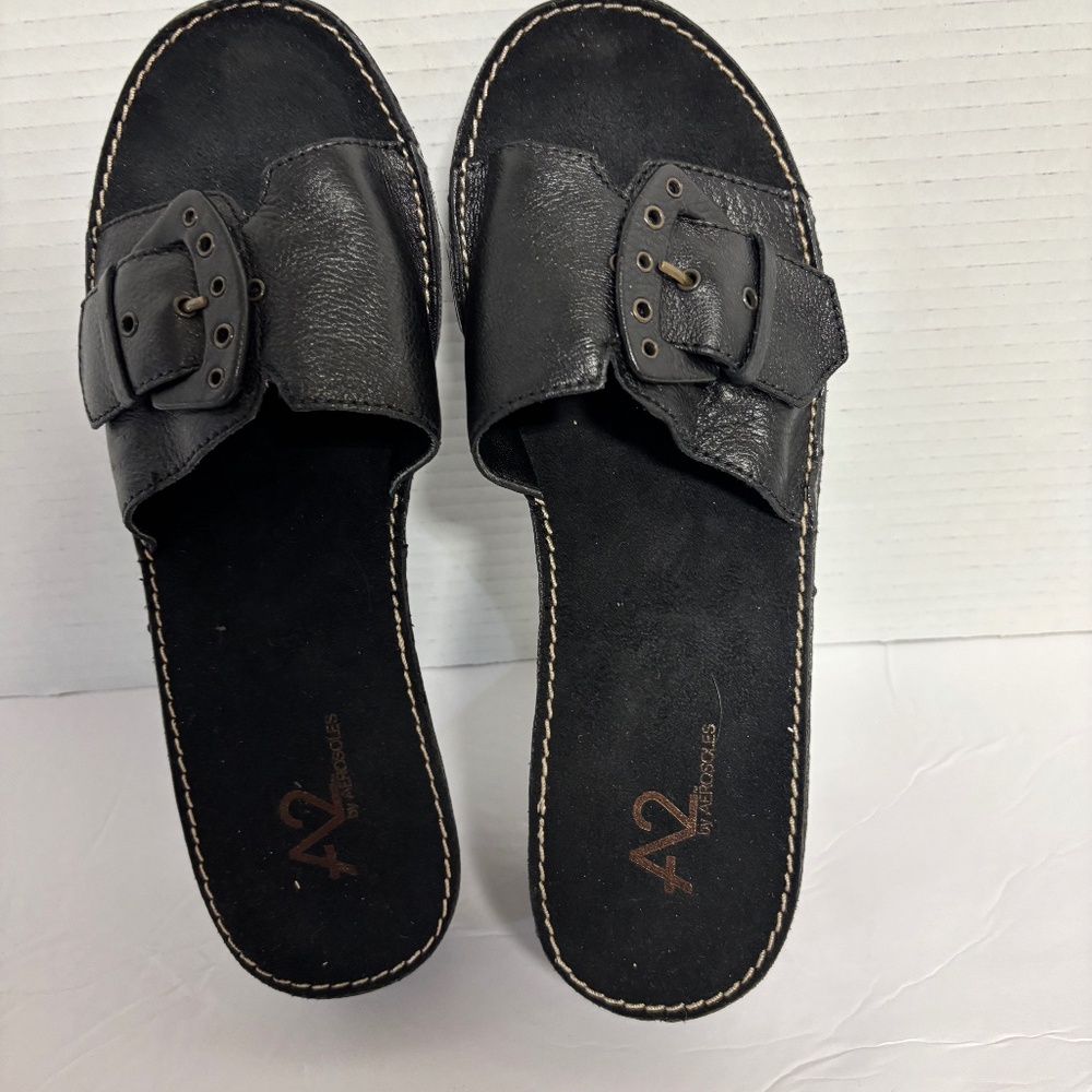 A2 by Aerosoles Black Leather Wedge Heel Slide Sandal Size 8.5 M